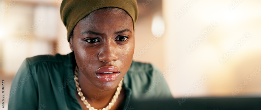 Reading, research and confused with a business black woman in her office, typing an email or report.