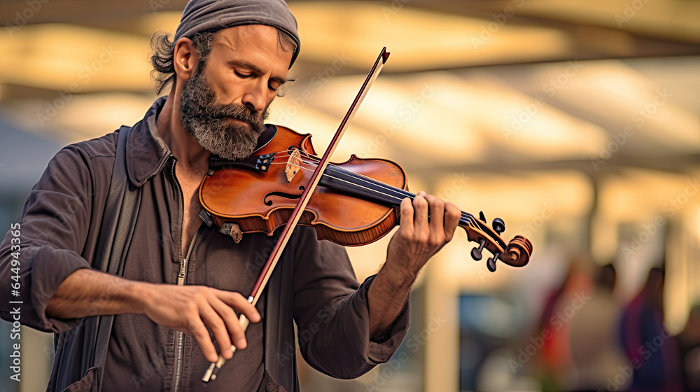 A musician playing violin in public. Musical concept. Generative Ai