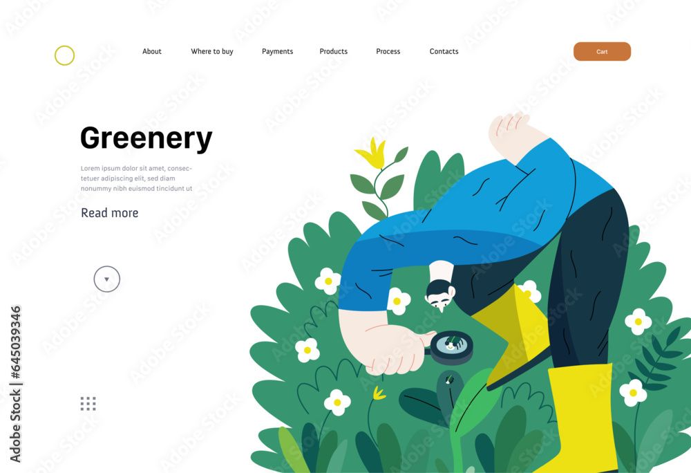 Greenery, ecology -modern flat vector concept illustration of a man in plants, looking at the bug th