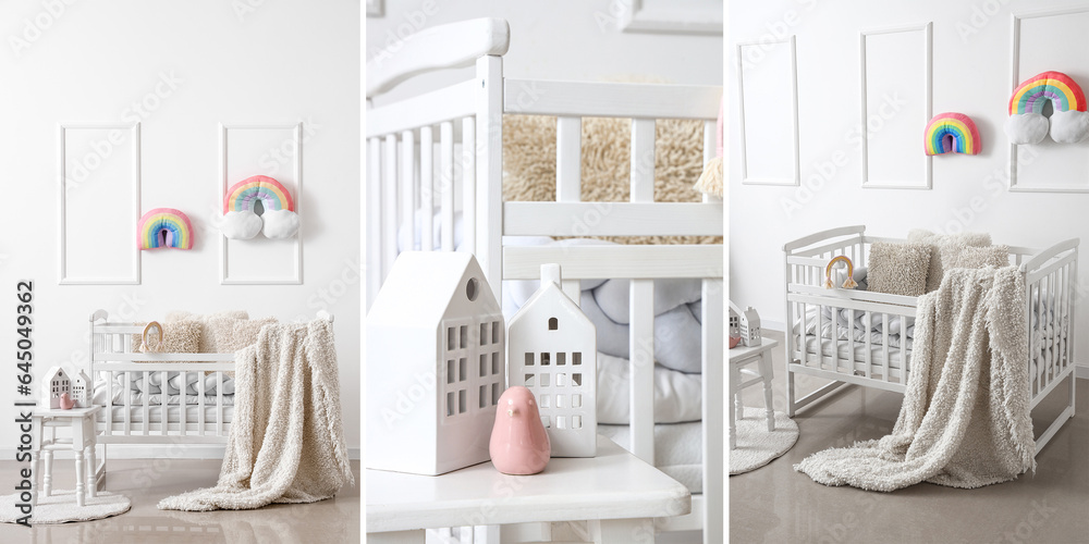 Collage of light childrens bedroom with cozy baby crib