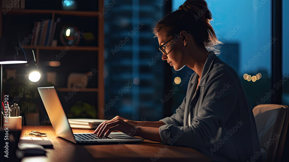 A businesswoman typing on laptop in home office. Nighttime productivity. Generative Ai