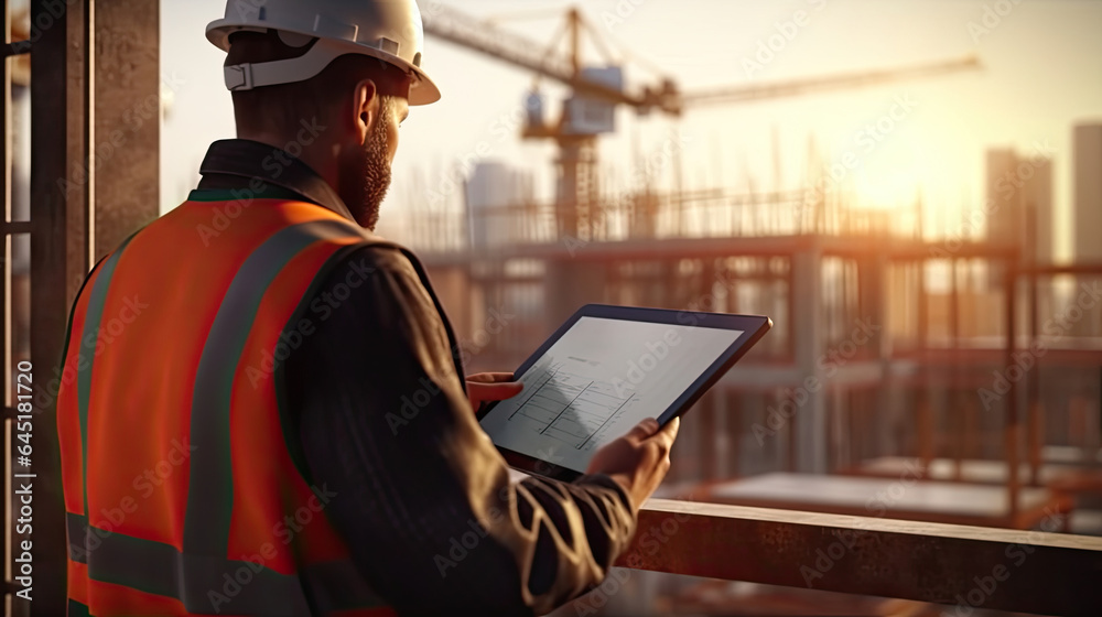 Architect or engineer, foreman on construction site with tablet computer. real estate business conce