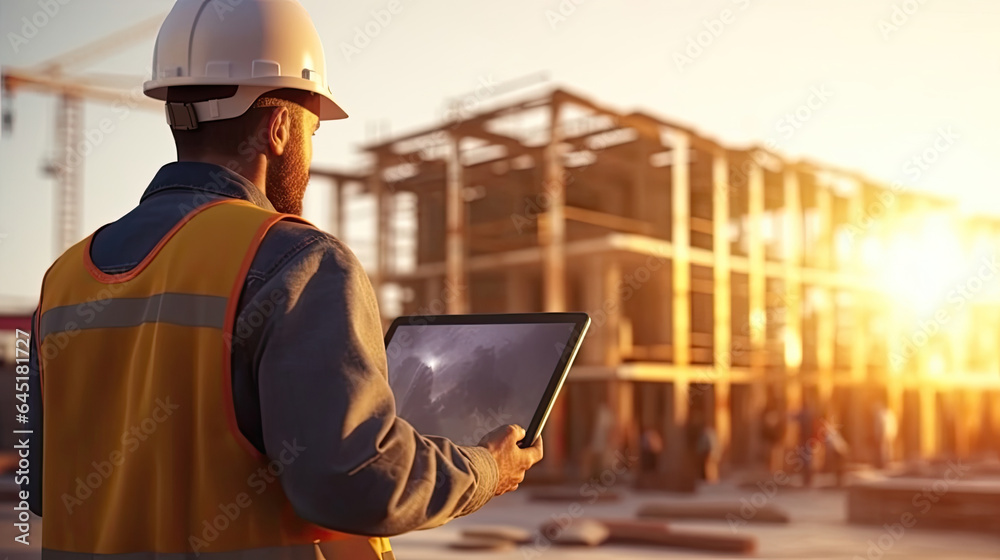 Architect or engineer, foreman on construction site with tablet computer. real estate business conce