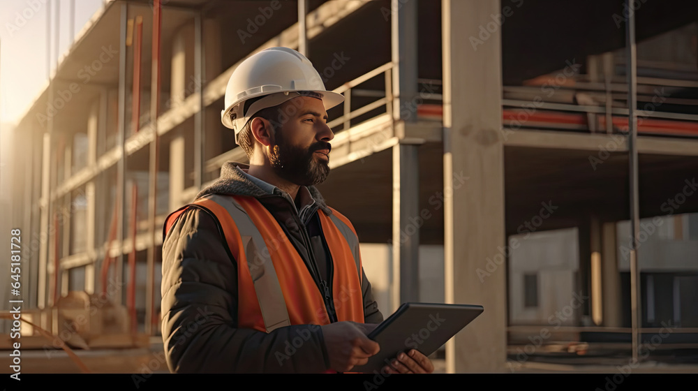 Architect or engineer, foreman on construction site with tablet computer. real estate business conce