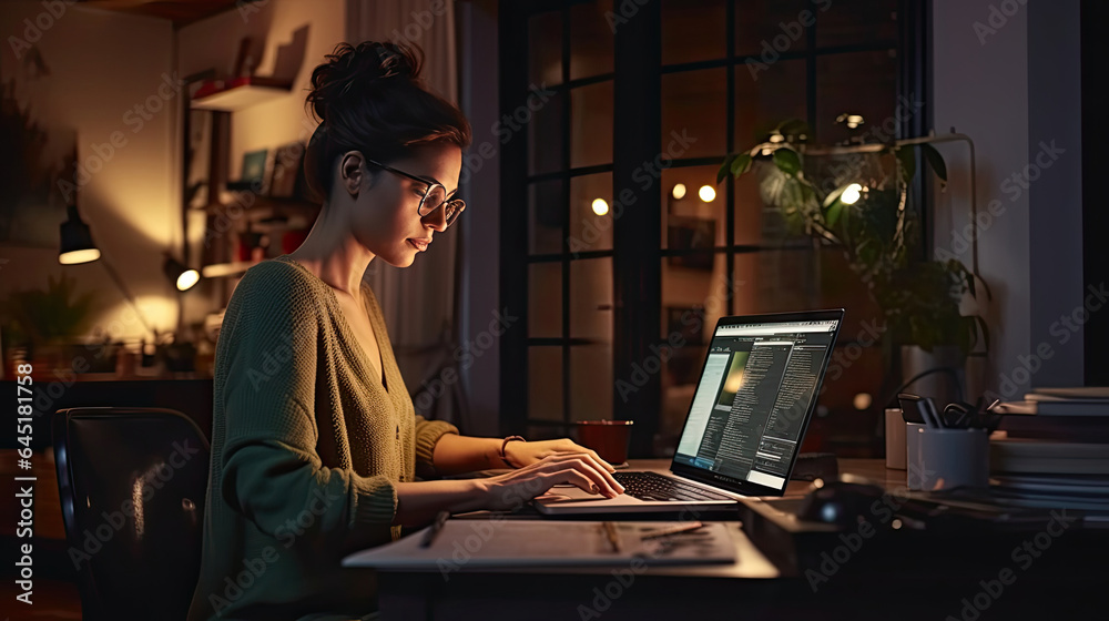 A businesswoman typing on laptop in home office. Nighttime productivity. Generative Ai