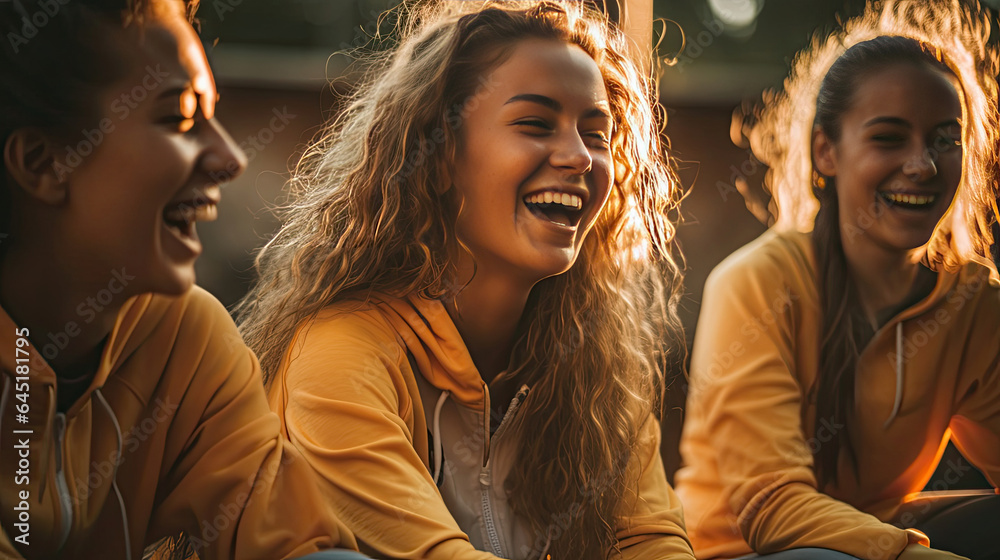 Group of young women laughing happily, dressed in sportswear. Sports, fitness and friendship. Genera