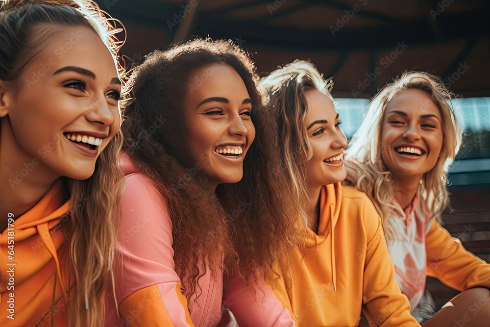 Group of young women laughing happily, dressed in sportswear. Sports, fitness and friendship. Genera