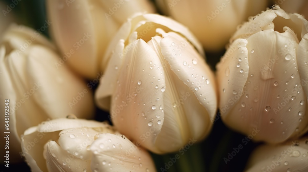 Creamy Tulips flowers with water drops background. Closeup of blossom with glistening droplets. Gene