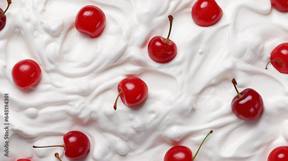 Yogurt and fresh cherries, background. Top view. Generative AI