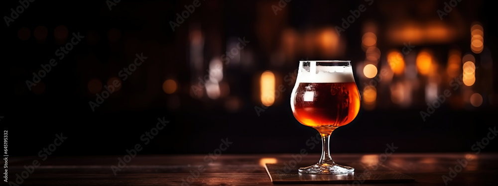 Snifter glass of light beer on bar table in a dark pub with copy space. Generative AI