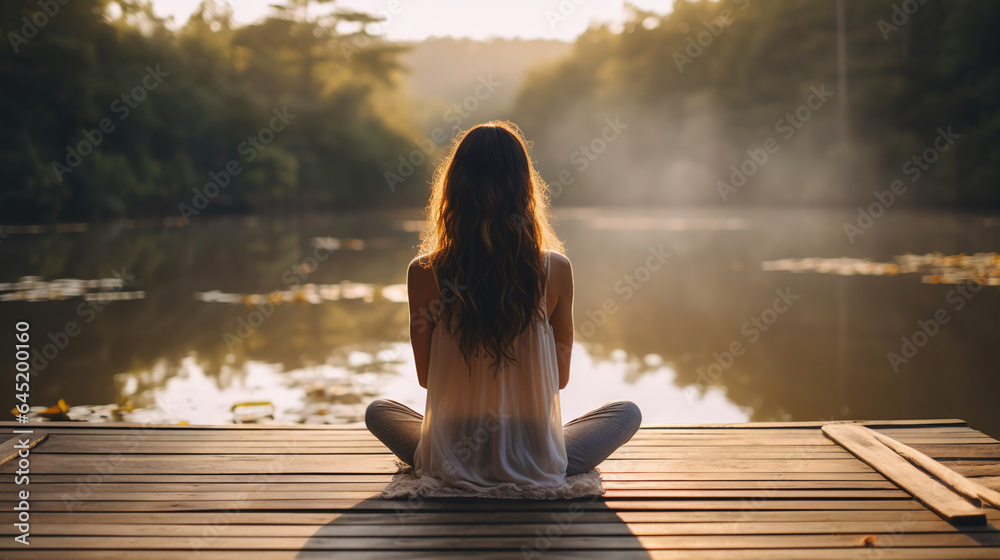 Young girl practice yoga on wooden pier with a view on lake and beautiful landscape. Generative AI