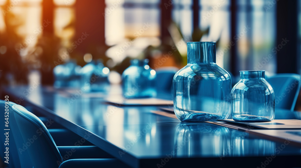 Modern minimalist corporate conference room with glass table in blue shades. Generative AI