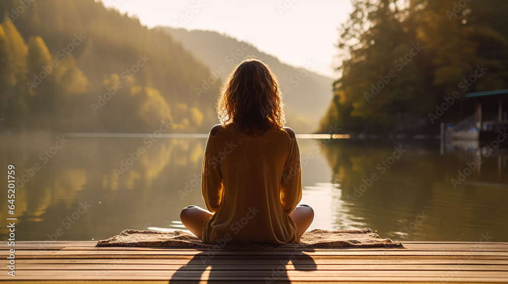 Young girl practice yoga on wooden pier with a view on lake and beautiful landscape. Generative AI