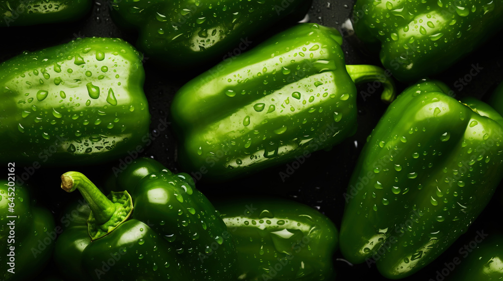 Fresh green bell peppers with water drops background. Vegetables backdrop. Generative AI