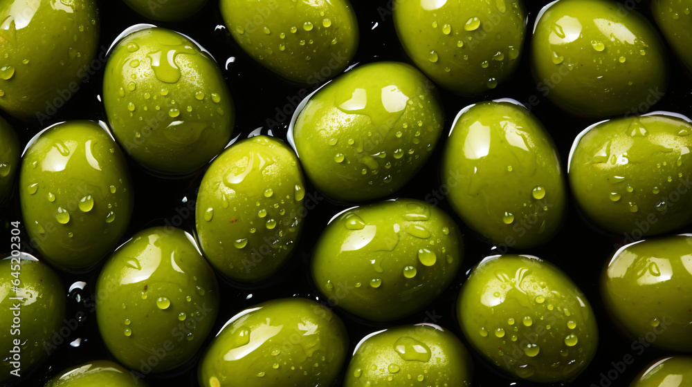 Fresh green olives with water drops background. Vegetables backdrop. Generative AI