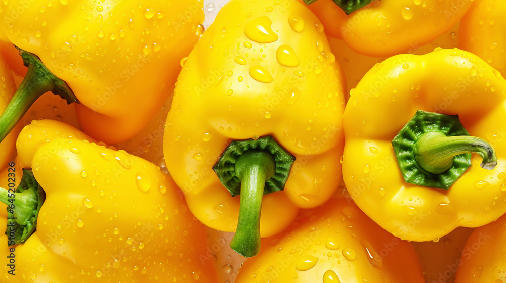 Fresh yellow bell peppers with water drops background. Vegetables backdrop. Generative AI