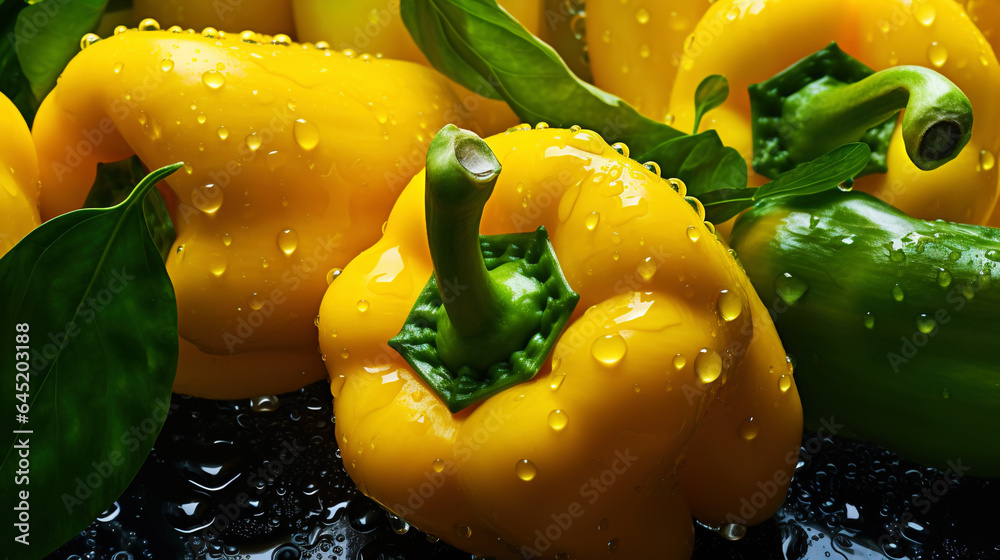 Fresh yellow bell peppers with water drops background. Vegetables backdrop. Generative AI