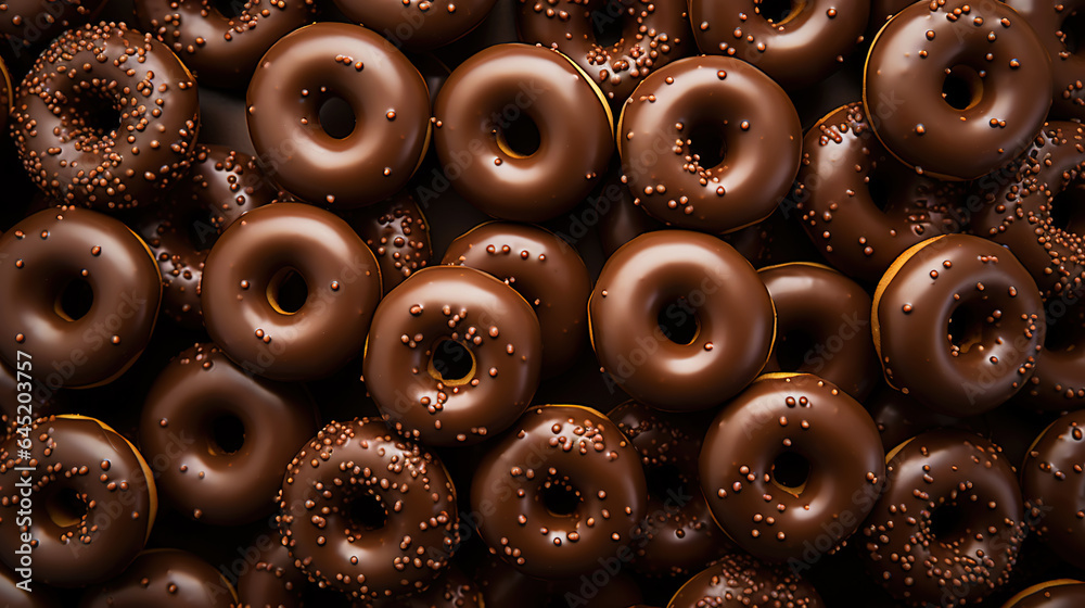 Donut with chocolate glaze background. Round american chocolate doughnuts. Generative AI