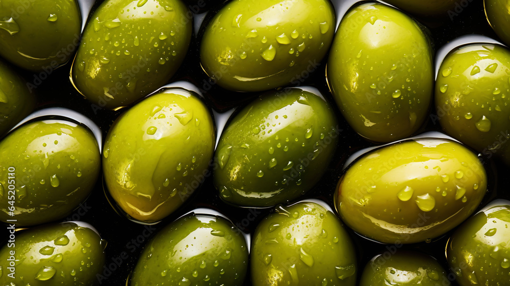 Fresh green olives with water drops background. Vegetables backdrop. Generative AI