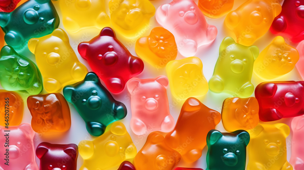 Gummy Jelly Bears Candies background. Sweet tasty backdrop. Generative AI