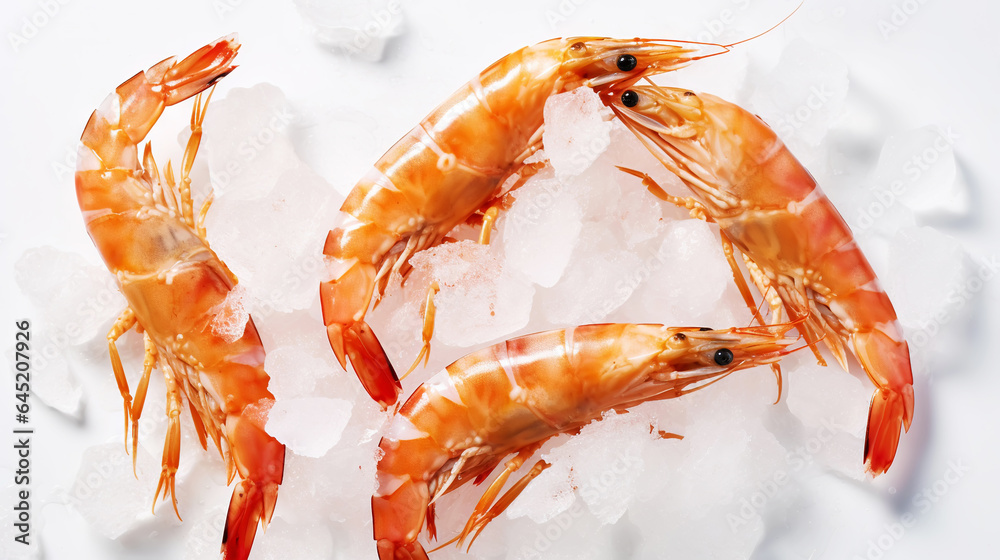 Top view of raw whole king prawns on ice. Seafood background. Generative AI