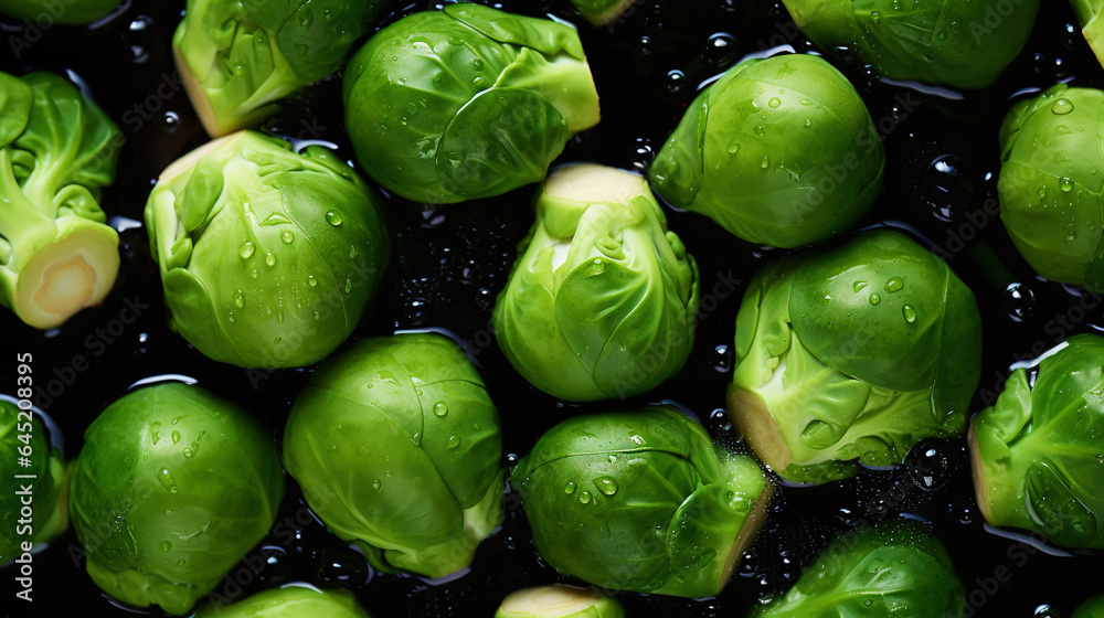 Fresh green brussels sprouts with water drops background. Vegetables backdrop. Generative AI