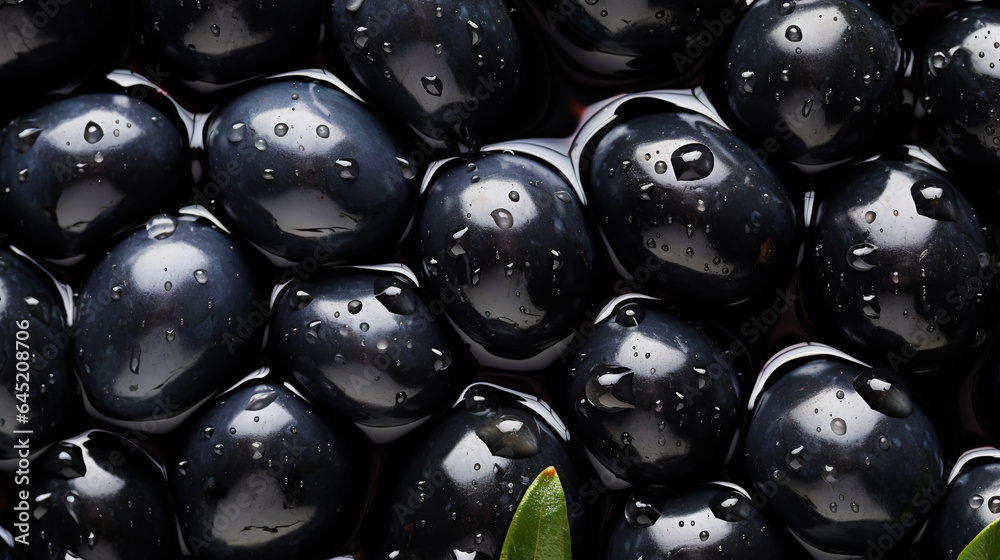 Black olives with leaves and water drops background. Vegetables backdrop. Generative AI