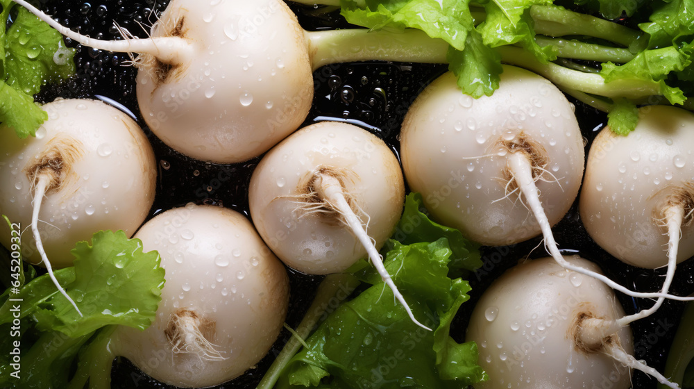 Fresh turnips with water drops background. Vegetables backdrop. Generative AI