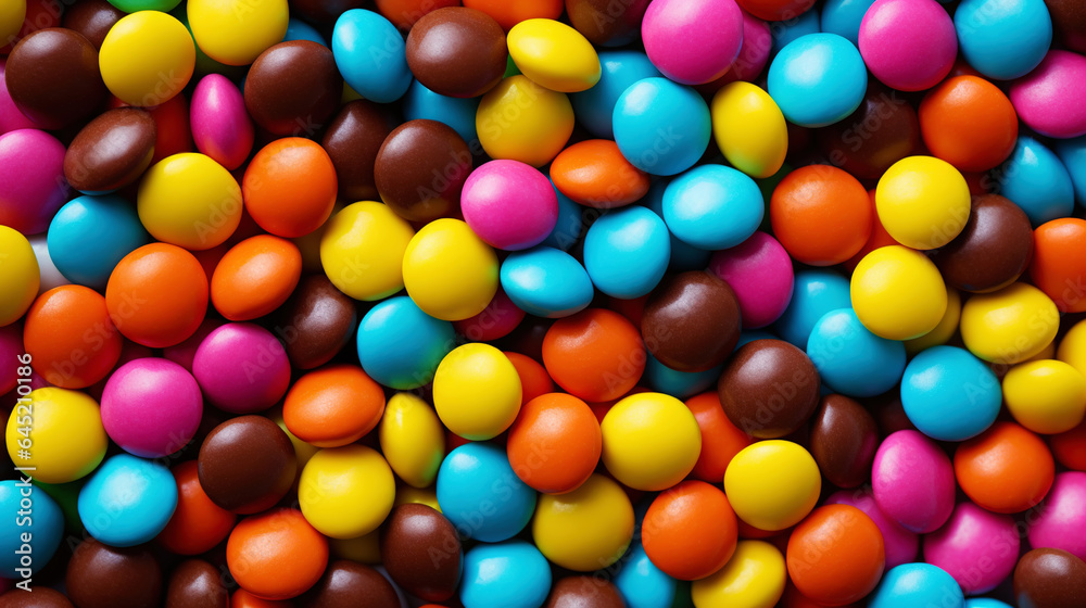 Close up of a pile of colorful chocolate coated candies. Candy background. Generative AI