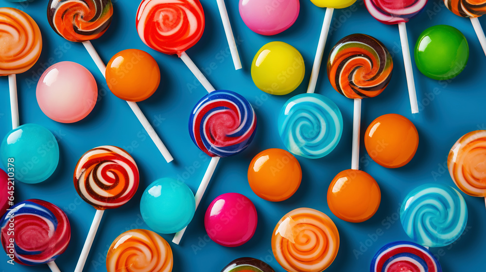 Colorful lollipop candies background. Top view. Generative AI