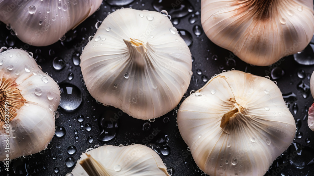 Fresh garlic with water drops background. Vegetables backdrop. Generative AI