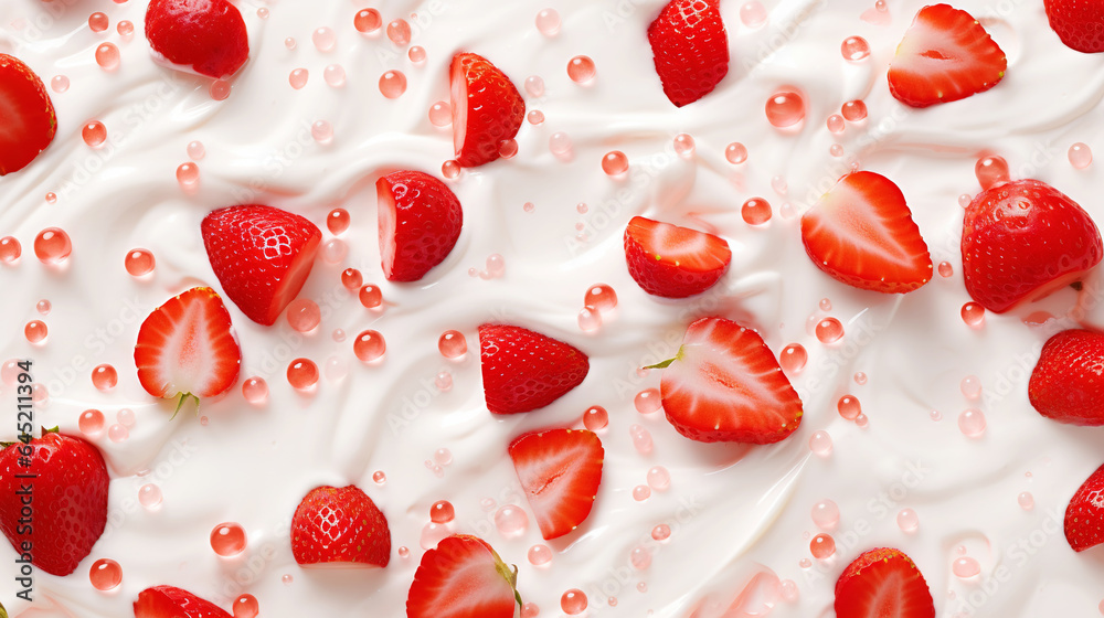 Yogurt and fresh strawberries, background. Top view. Generative AI