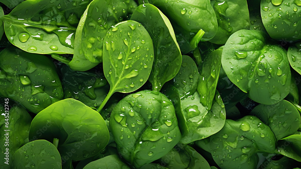 Fresh green spinach leaves with water drops background. Vegetables backdrop. Generative AI