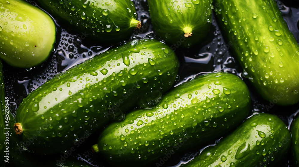 Fresh green cucumber slices with water drops background. Vegetables backdrop. Generative AI