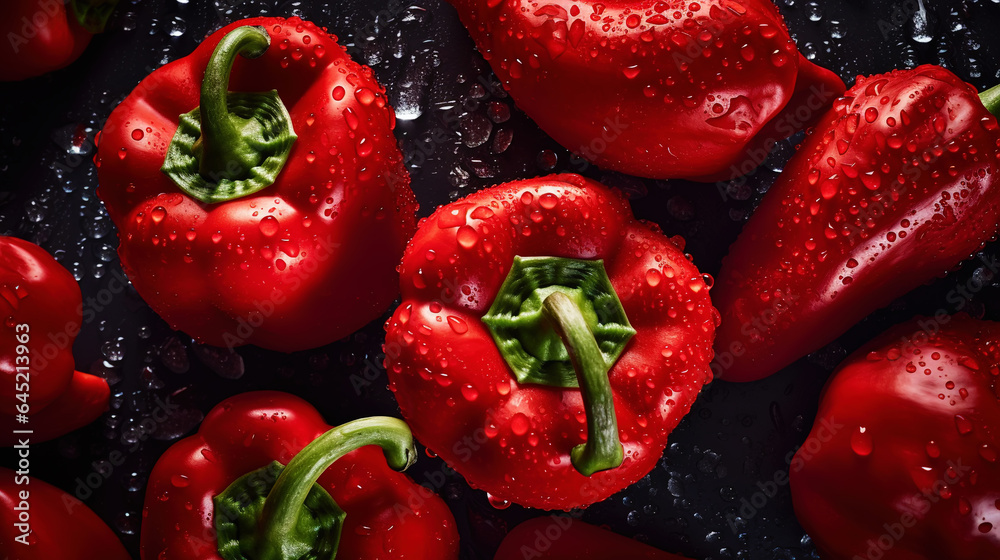 Fresh red bell peppers with water drops background. Vegetables backdrop. Generative AI