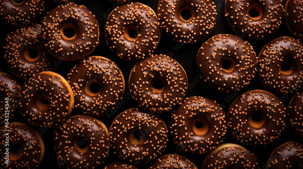 Donut with chocolate glaze background. Round american chocolate doughnuts. Generative AI