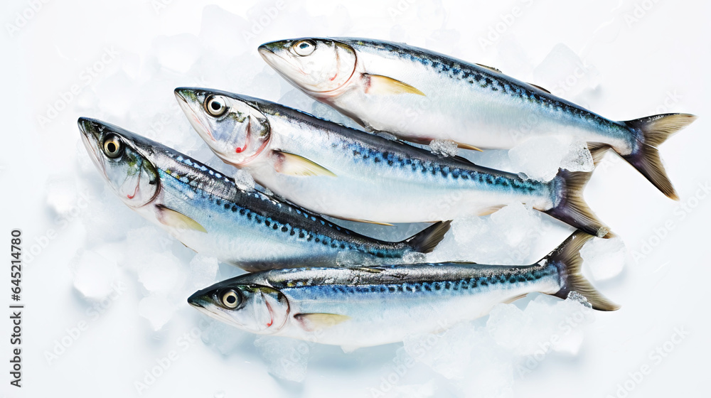 Fresh mackerel fish (Scomber scrombrus) on ice. Seafood background. Generative AI