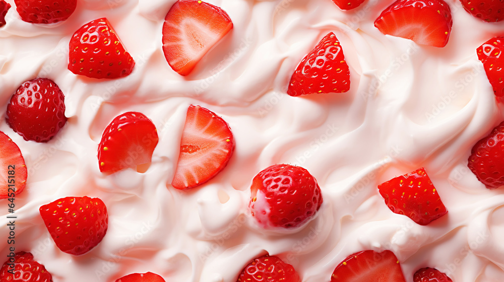 Yogurt and fresh strawberries, background. Top view. Generative AI