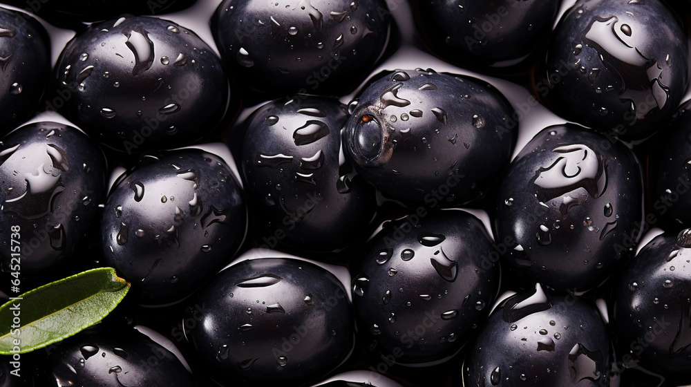 Black olives with leaves and water drops background. Vegetables backdrop. Generative AI