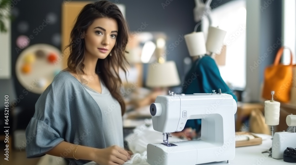 Portrait of Young Asian woman, Fashion designer tailor standing in garment workshop, Seamstress.