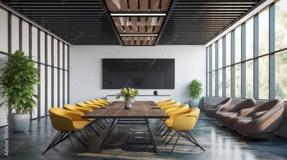 Black and wooden conference room with long table and chairs at modern workplace.