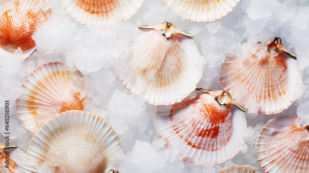 Raw fresh scallops on ice cubes. Seafood background. Generative AI