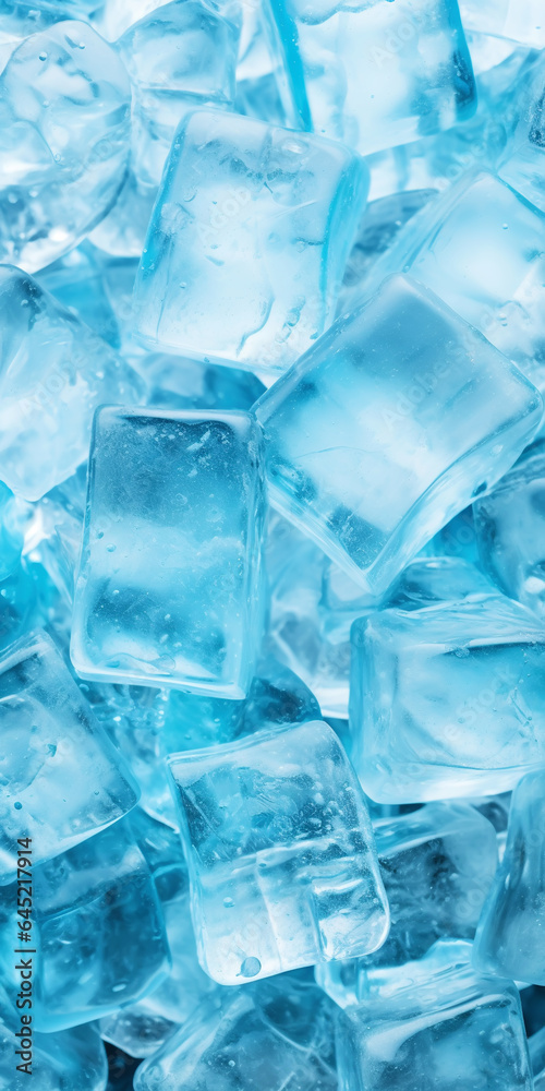 Ice cubes bluish background. Frozen water. Cold fresh concept. Generative AI