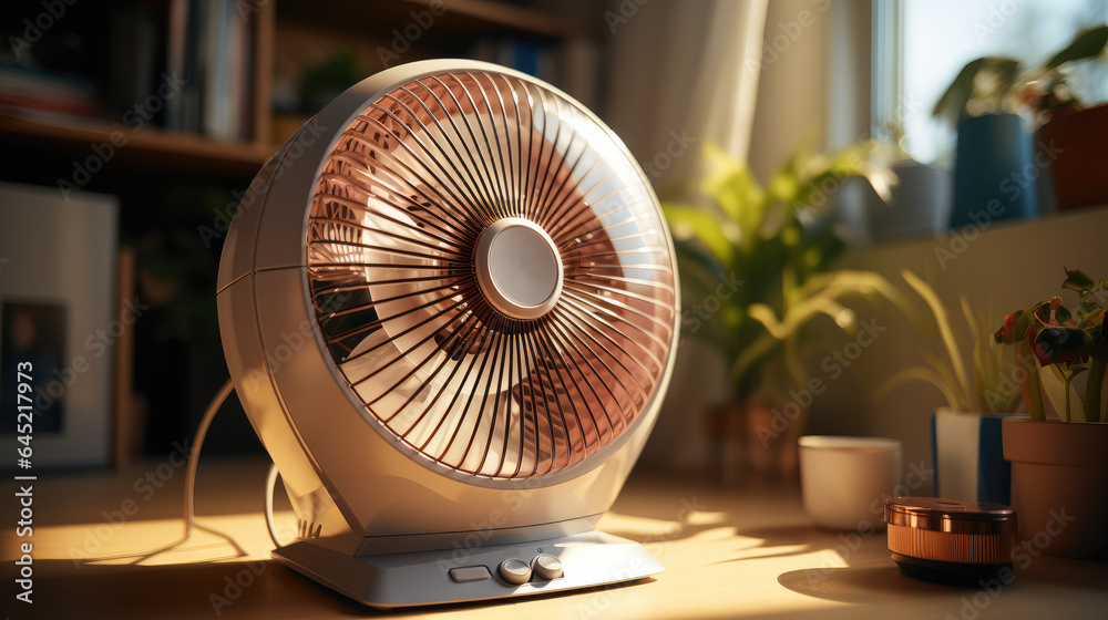 Electric fan on table in kitchen.