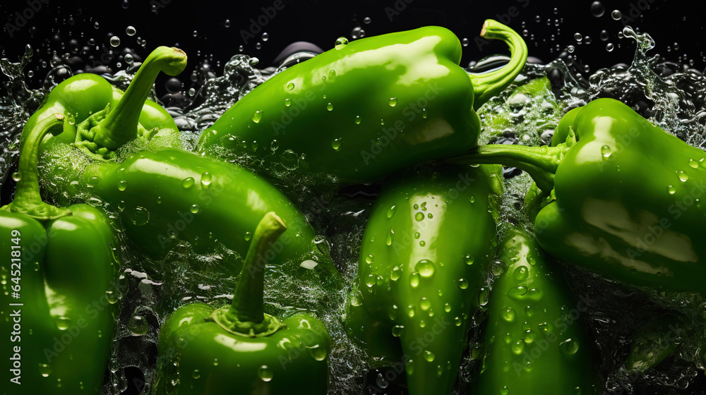 Fresh green bell peppers with water drops background. Vegetables backdrop. Generative AI