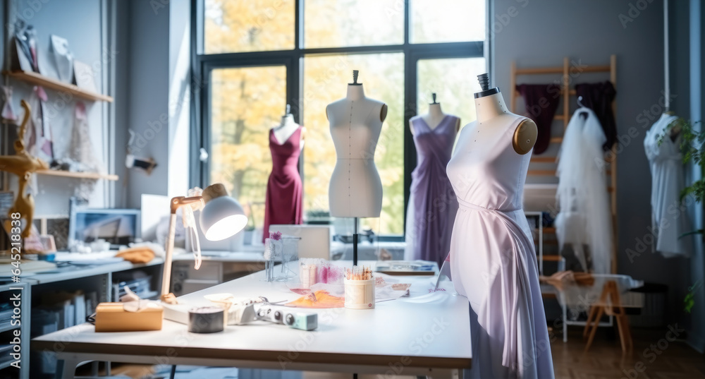 Mannequins Standing in studio with various Sewing Items and Colorful Fabrics Laying around, Fashion 