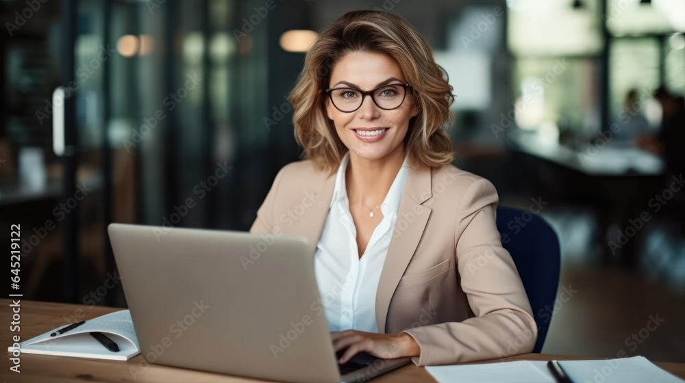 Happy business woman are working on laptop computer at desk in office sitting.