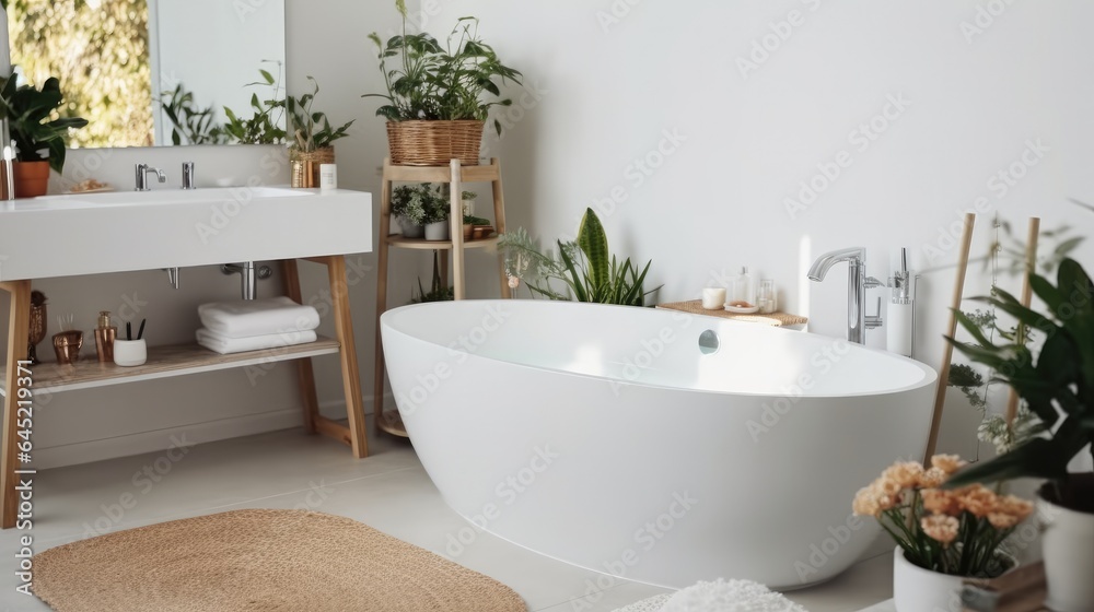 Modern bathroom interior, Restroom with ceramic toilet bowl with bathtubs and vanities.