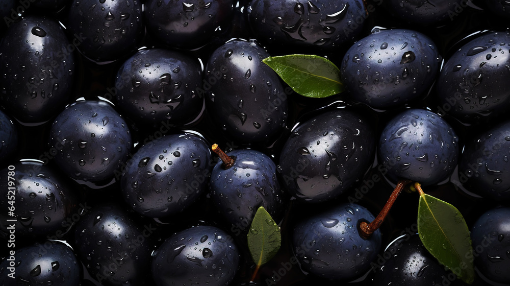 Black olives with leaves and water drops background. Vegetables backdrop. Generative AI