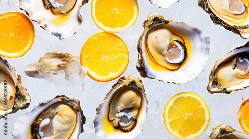 Top view on fresh oysters laying on crushed ice. Seafood background. Generative AI